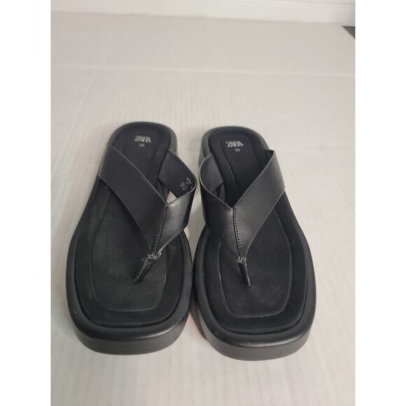 ZARA Black Platform Thong Sandal Leather Square Toe Padded EU 39 / US 8.5 - 9 - Picture 3 of 9